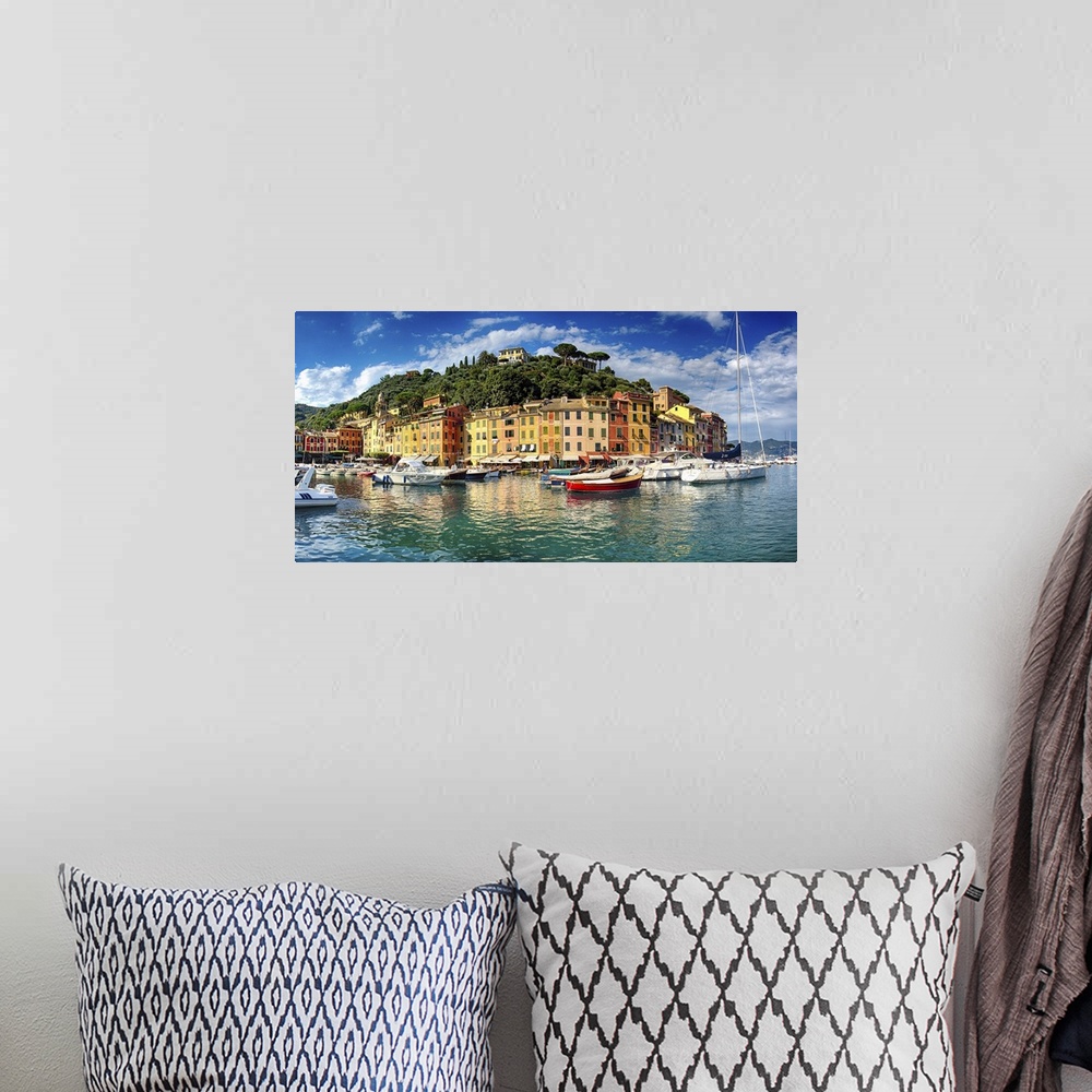 A bohemian room featuring Low angle panoramic view of Portofino Harbor, Liguria, Italy.