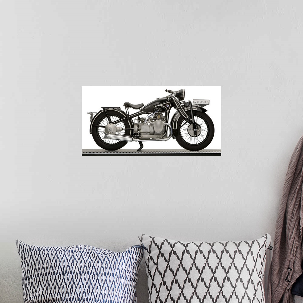 A bohemian room featuring 1934 BMW R11 730cc motorcycle.