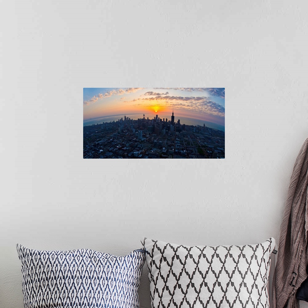 A bohemian room featuring Aerial view of a city at sunrise, Chicago, Cook County, Illinois