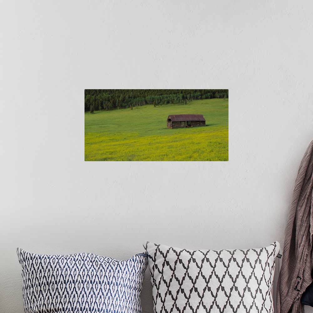 A bohemian room featuring Barn in a field