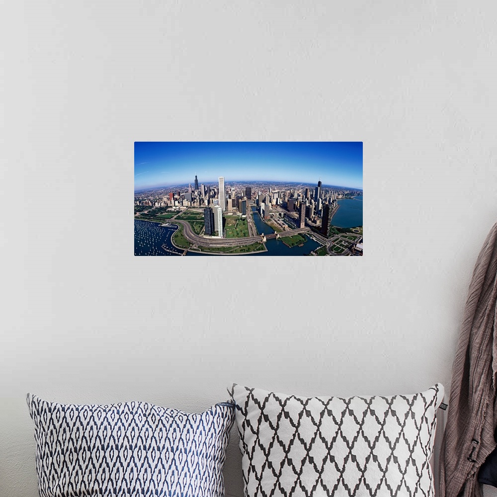 A bohemian room featuring Giant panoramic photo of downtown Chicago, Illinois (IL). Skyscrapers and boats in Lake Michigan ...