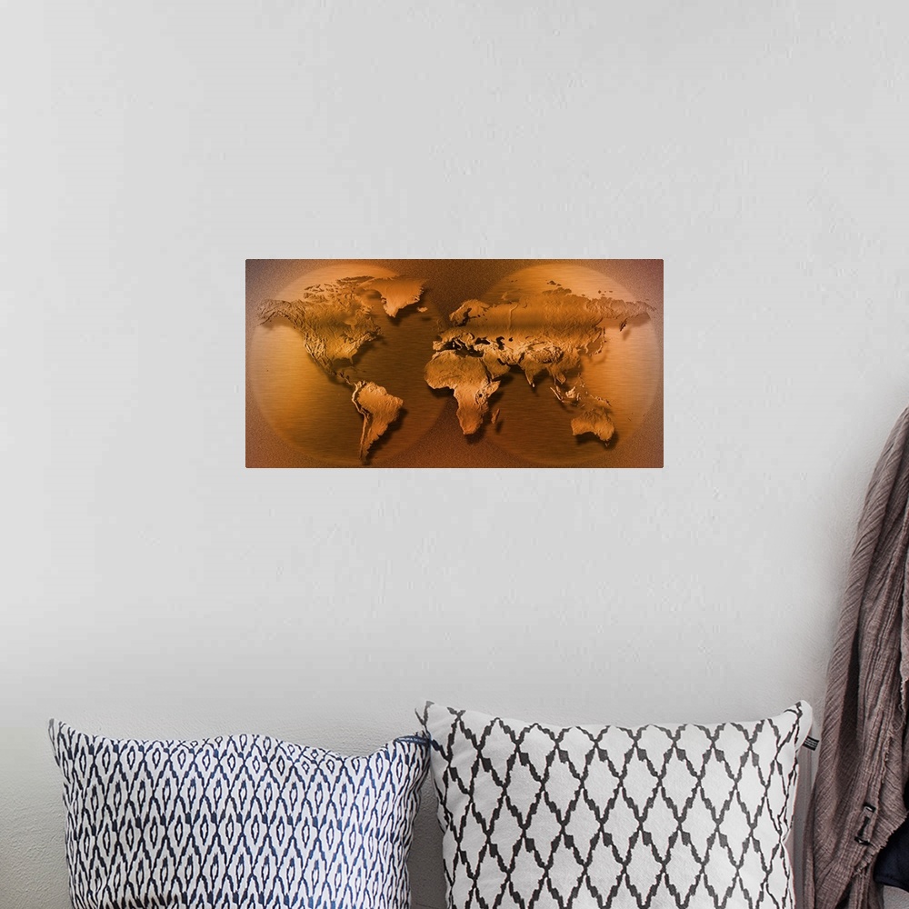 A bohemian room featuring This panoramic piece shows a 3D map of the world in sepia tone.