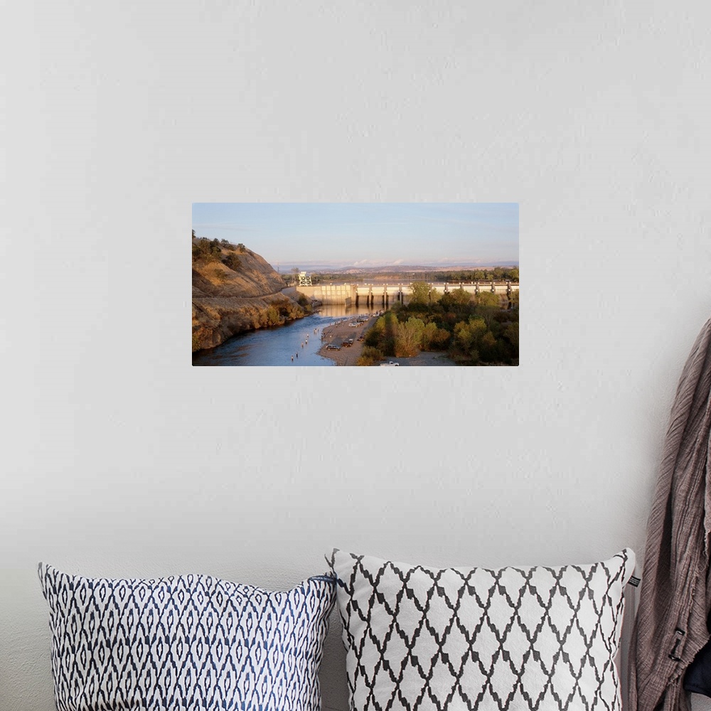 A bohemian room featuring High angle view of a dam on a river, Nimbus Dam, American River, Sacramento County, California