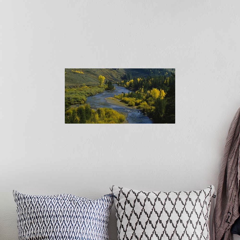 A bohemian room featuring Panoramic photograph of water winding through valley lined with trees.