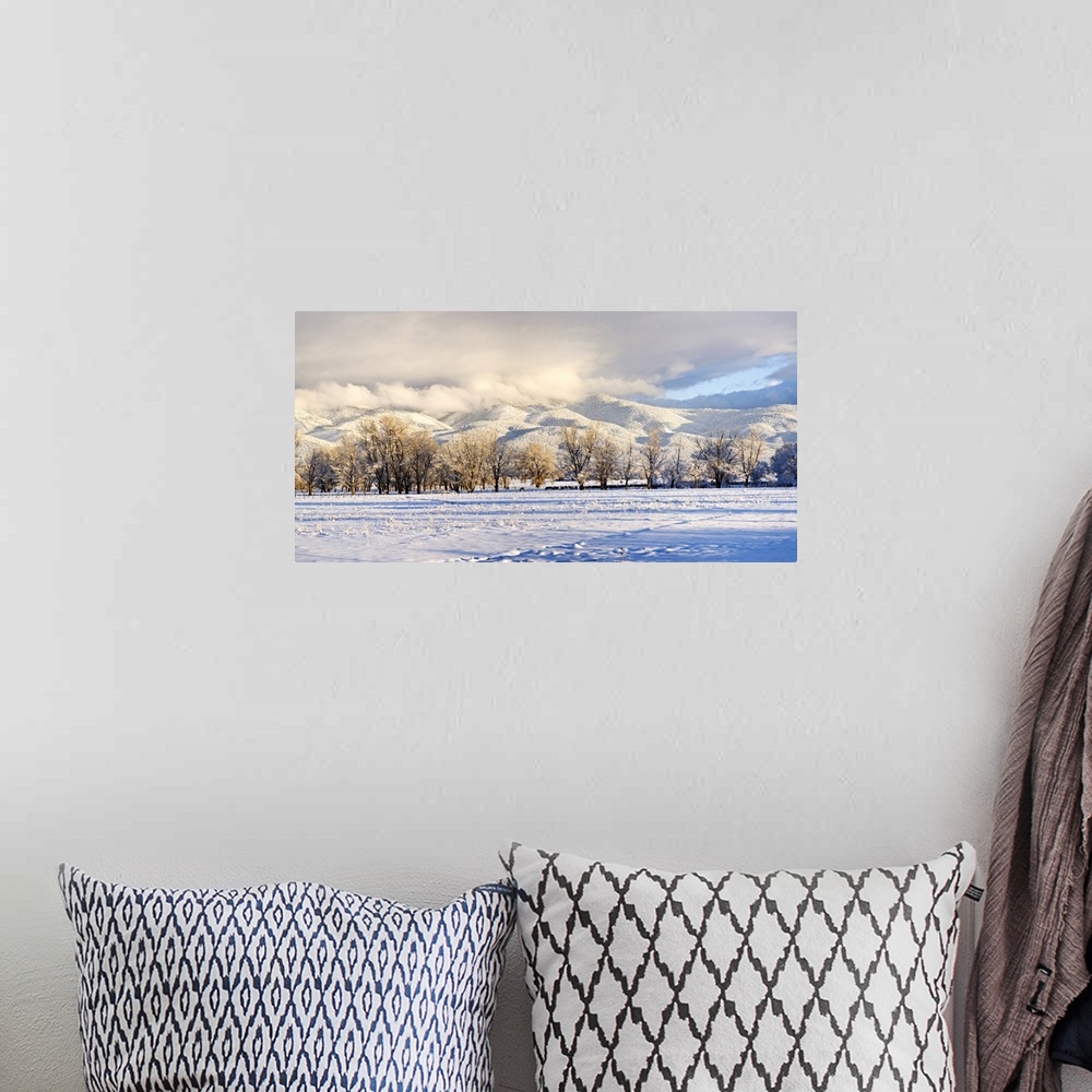 A bohemian room featuring Pasture land covered in snow with Taos Mountain in the background, Sangre De Cristo Range, San Lu...