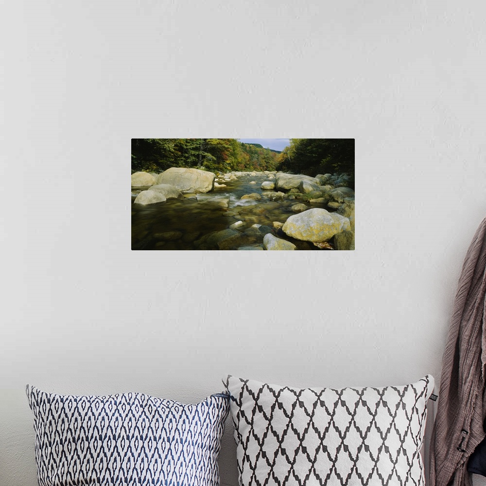 A bohemian room featuring Panoramic photograph taken of water slowly making its way down a stream littered with stones of a...