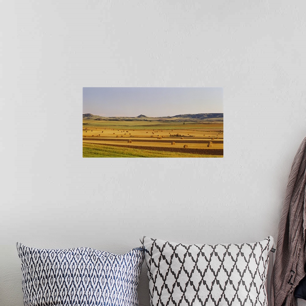 A bohemian room featuring Hay bills are scattered about and photographed in this vast open field.