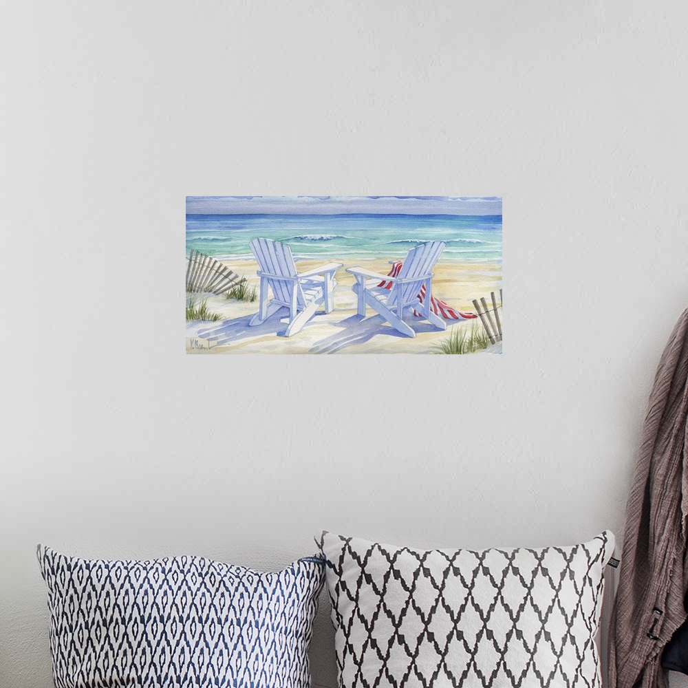 A bohemian room featuring Watercolor painting of two adirondack chairs on the beach next to dune fences.