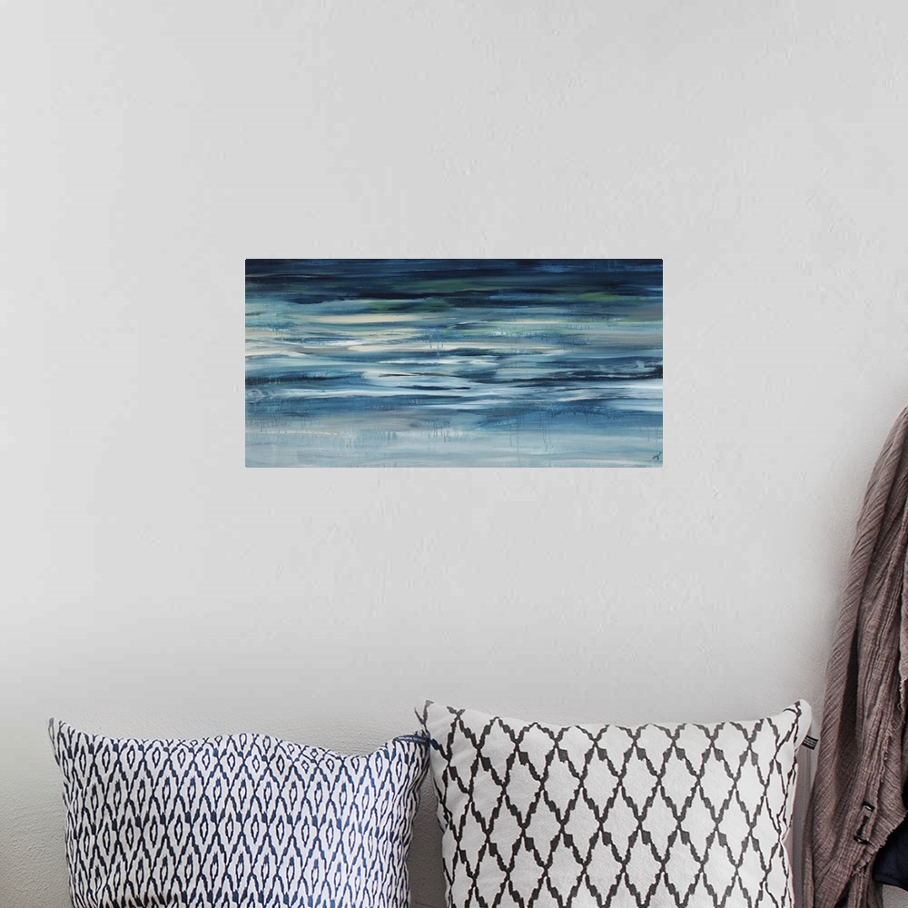 A bohemian room featuring Contemporary abstract painting of teal and light blue colored waterscape.