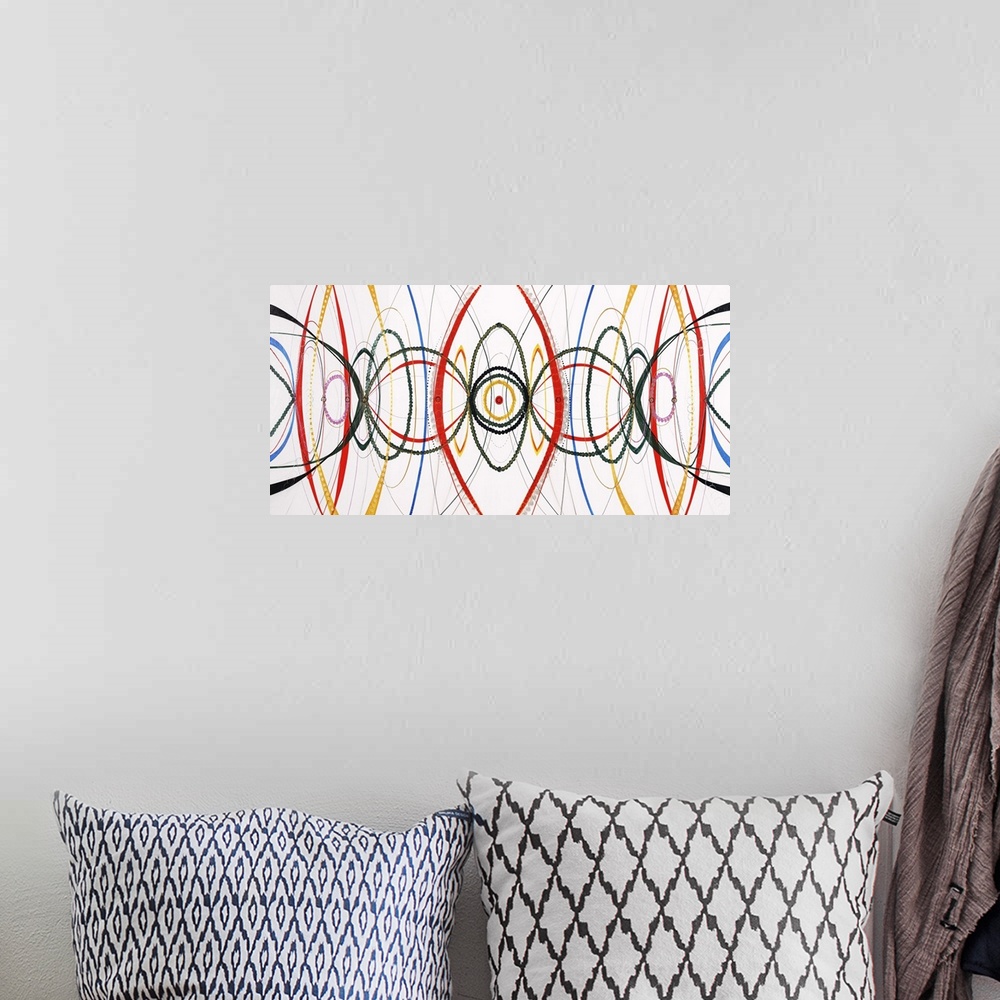 A bohemian room featuring Contemporary abstract art of colorful lines in a kaleidoscopic design.