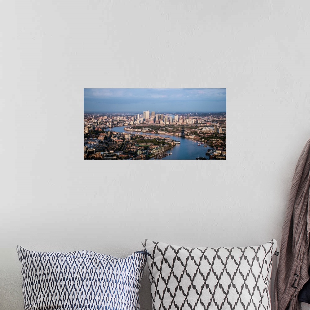 A bohemian room featuring Aerial view of Canary Wharf and River Thames in London, England.