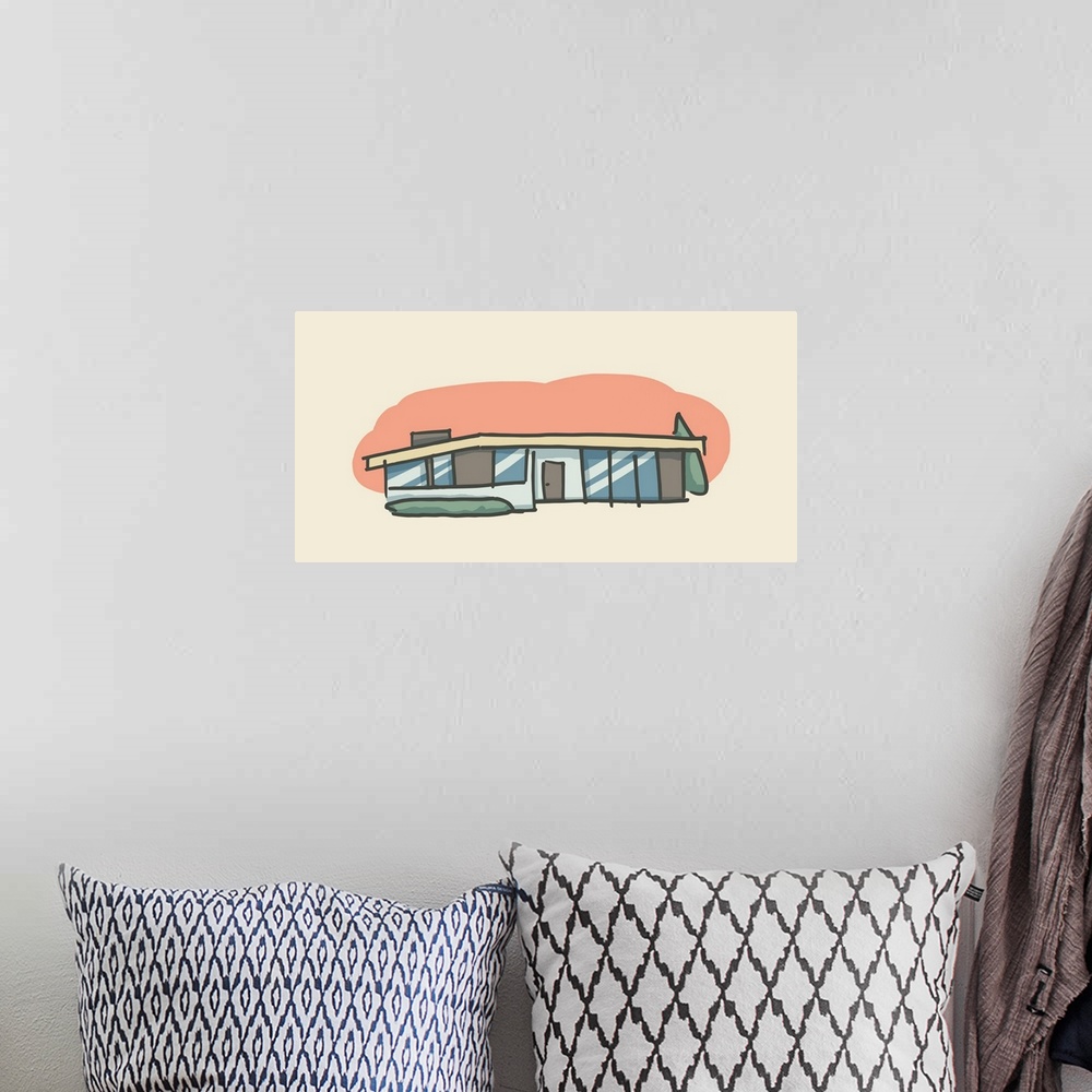 A bohemian room featuring A horizontal illustration of a house in a retro style.
