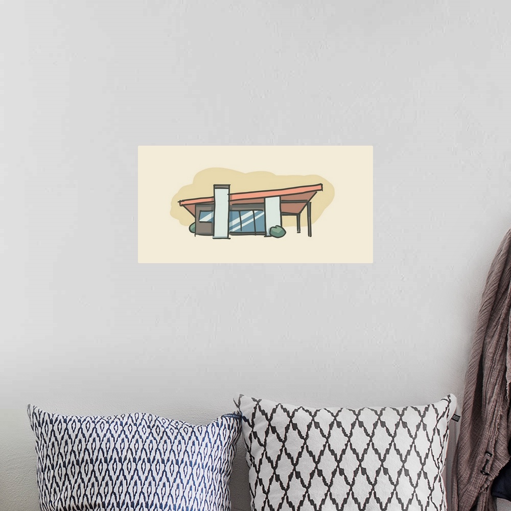 A bohemian room featuring A horizontal illustration of a house in a retro style.