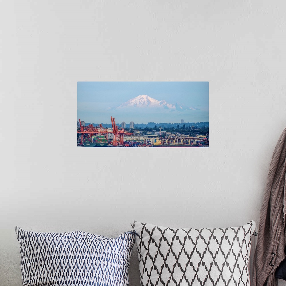 A bohemian room featuring Vancouver harbor with Mount Baker in the background, Vancouver, British Columbia, Canada.