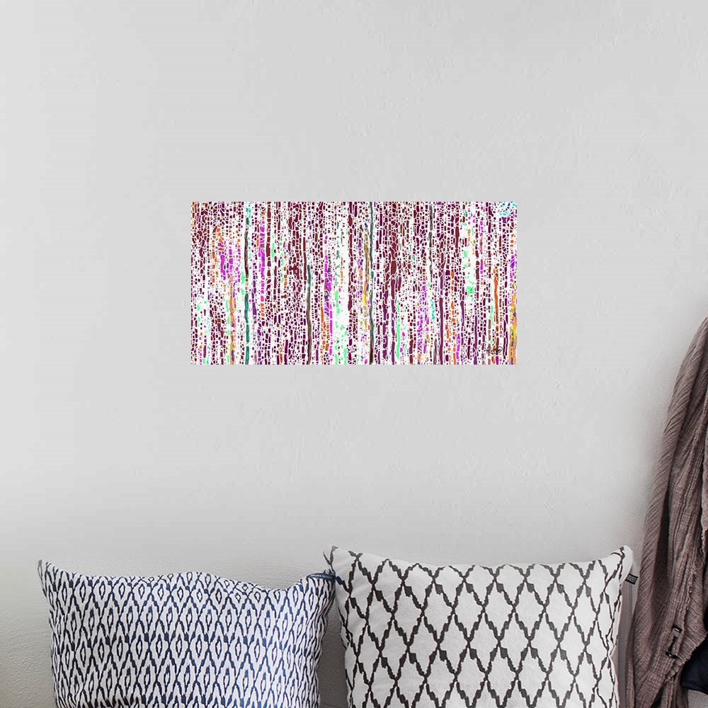 A bohemian room featuring Contemporary abstract art of cascading dots in vibrant pink, green, and dark red.