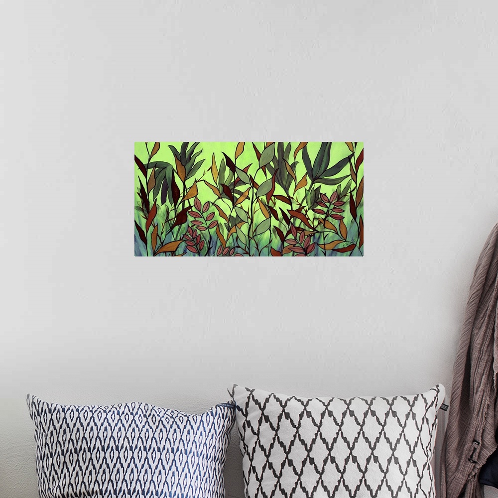 A bohemian room featuring A contemporary painting of a ground level view of tall grass against a green background.