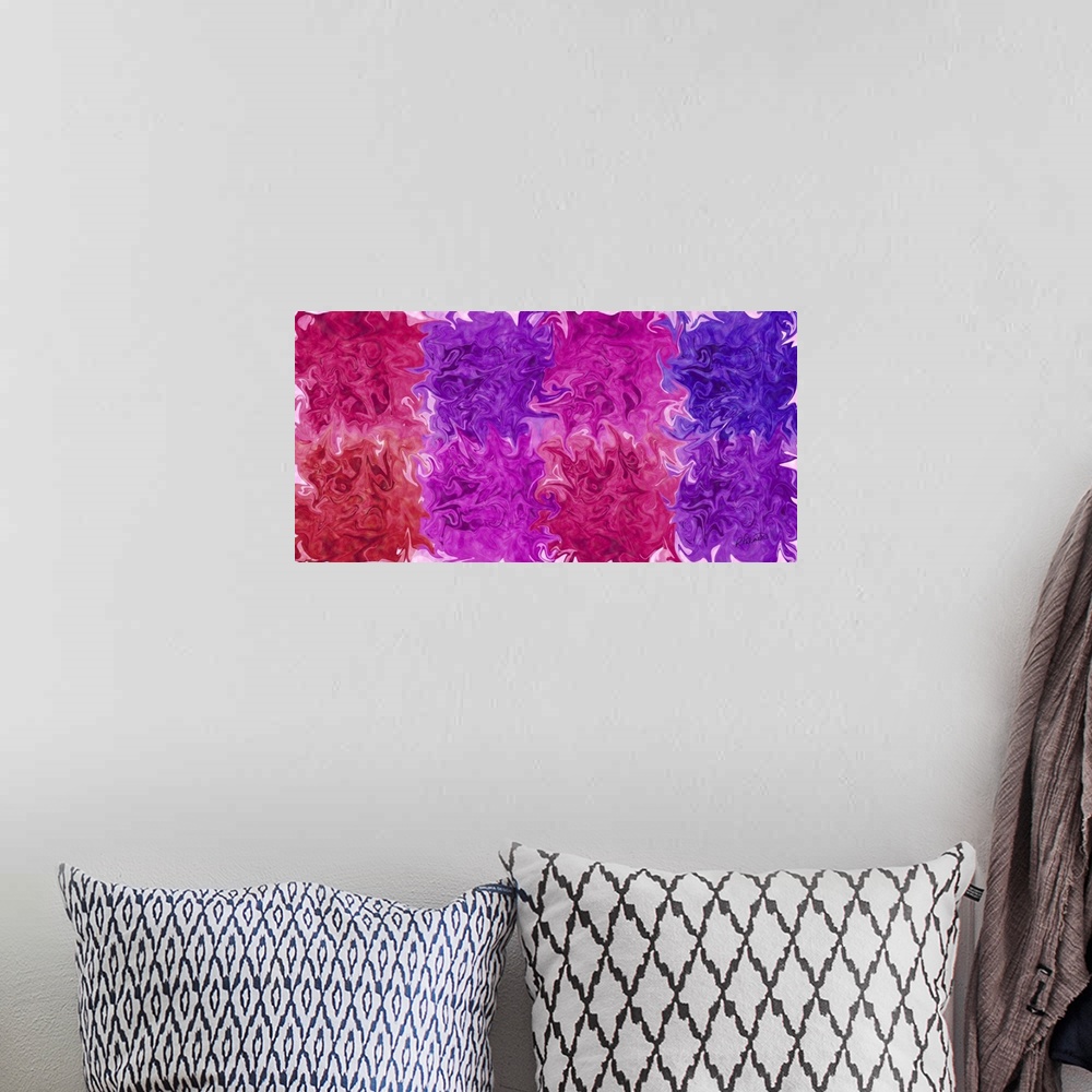 A bohemian room featuring A horizontal image of multi-colored blurred squared shapes blending together.