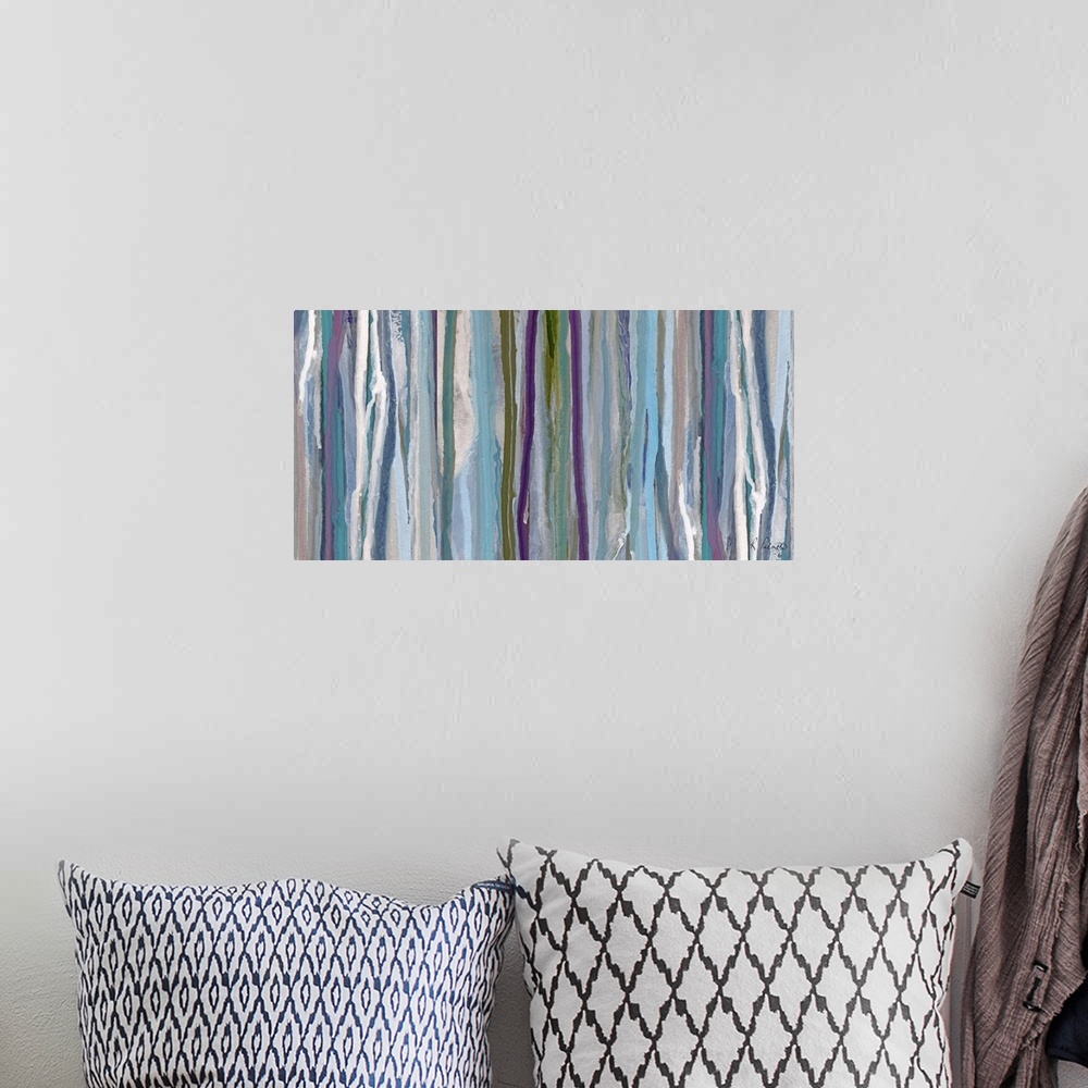 A bohemian room featuring Contemporary abstract painting of vertical lines of blue and purple.