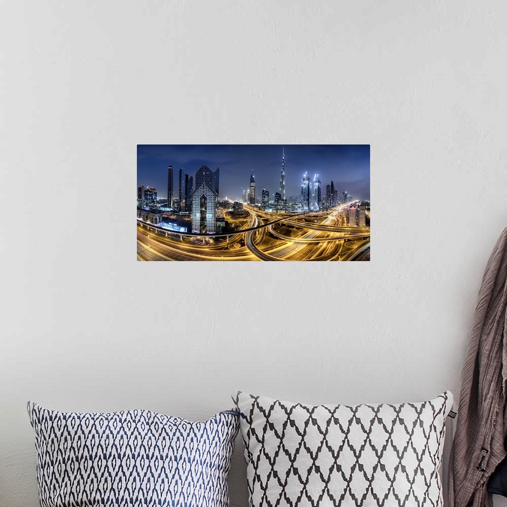 A bohemian room featuring Panorama of the Burj Khalifa and massive interchange of Dubai.