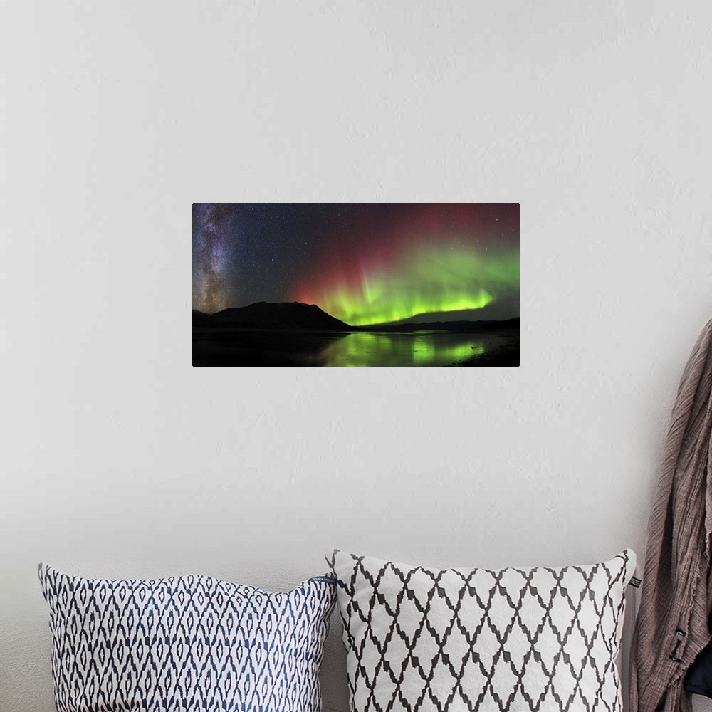 A bohemian room featuring Aurora borealis Milky Way, Big Dipper, and a shooting star above Kluane Lake, Yukon, Canada.