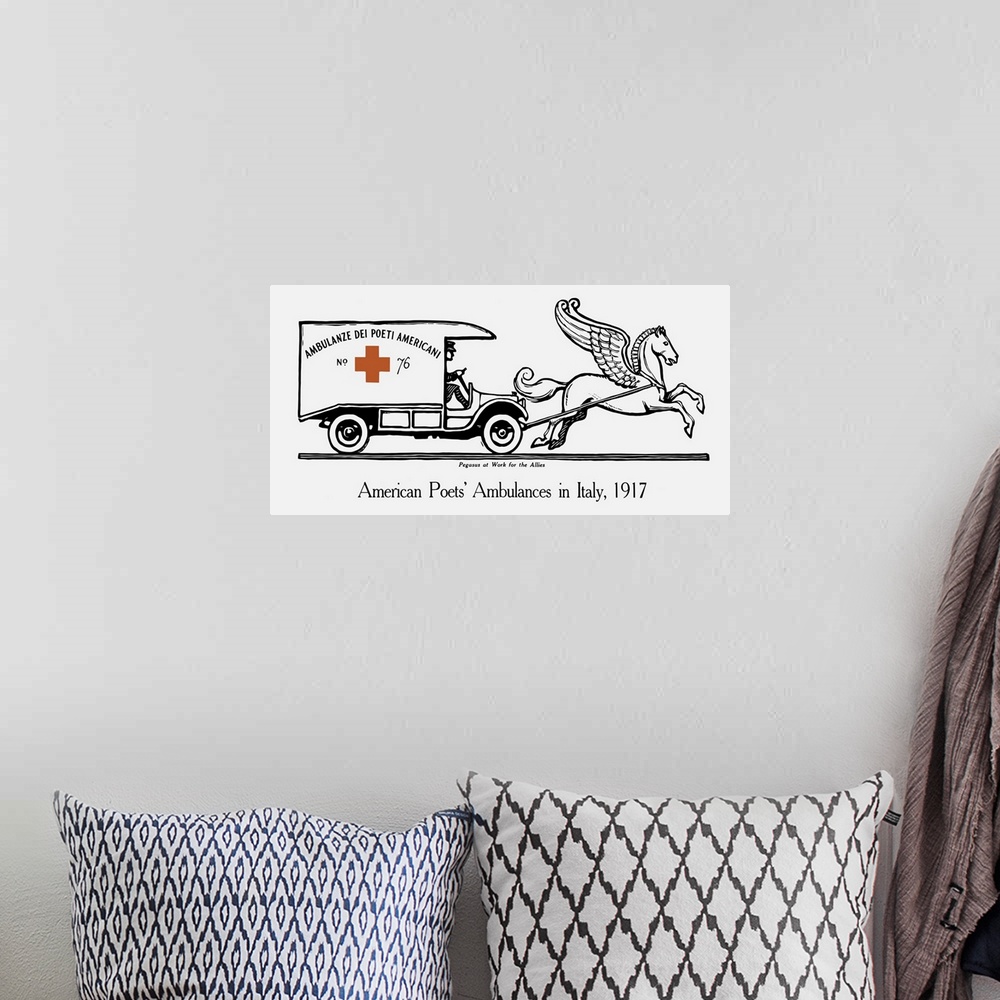 A bohemian room featuring Vintage World War I poster of an ambulance being pulled by Pegasus.