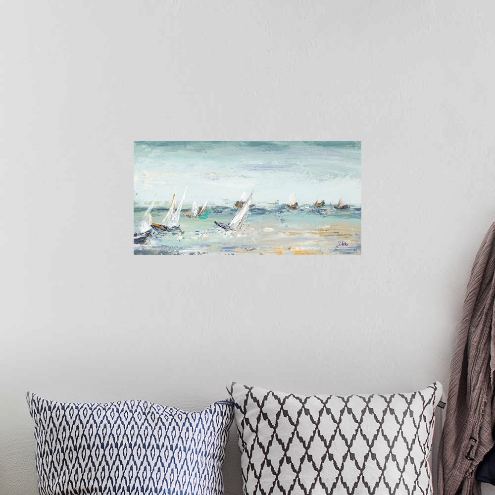 A bohemian room featuring Contemporary painting of several sailboats in the middle of the ocean with some rough waves and v...