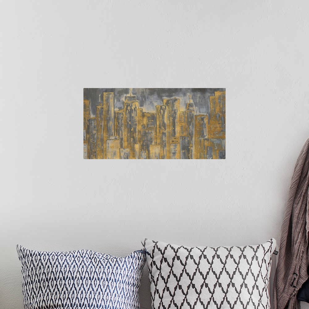 A bohemian room featuring Skyscrapers in a city painted in gold over dark grey.