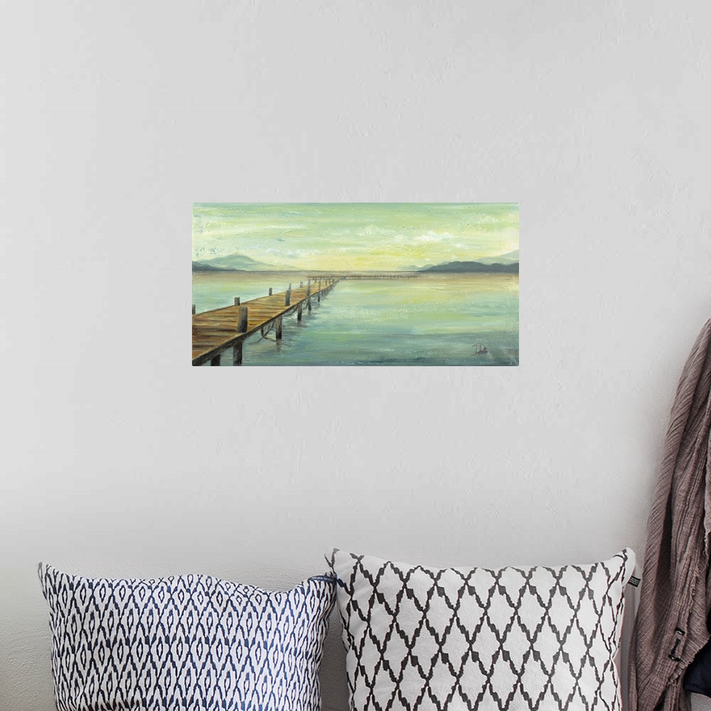 A bohemian room featuring Contemporary painting of a long pier on Lake Placid with mountains in the background in hues of b...