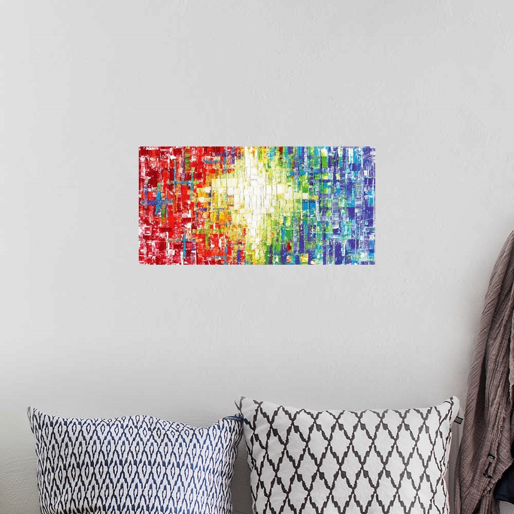 A bohemian room featuring Large abstract painting made with all of the colors of the rainbow in layered brushstrokes creati...
