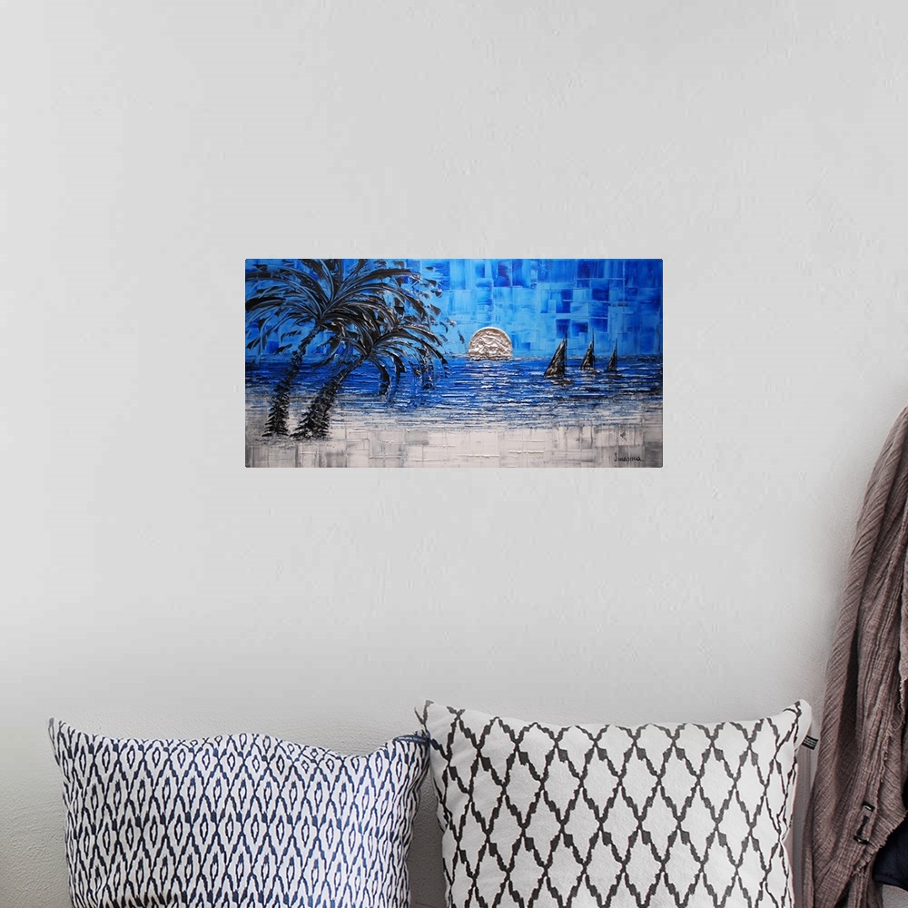 A bohemian room featuring Abstract landscape painting with three sailboats on the ocean with the sun on the horizon in the ...