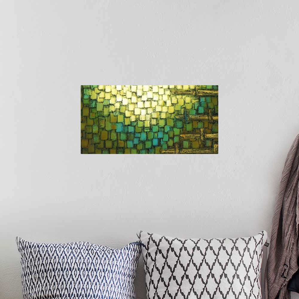 A bohemian room featuring Yellow, green, blue, brown, and gold toned abstract painting created with layered square brushstr...
