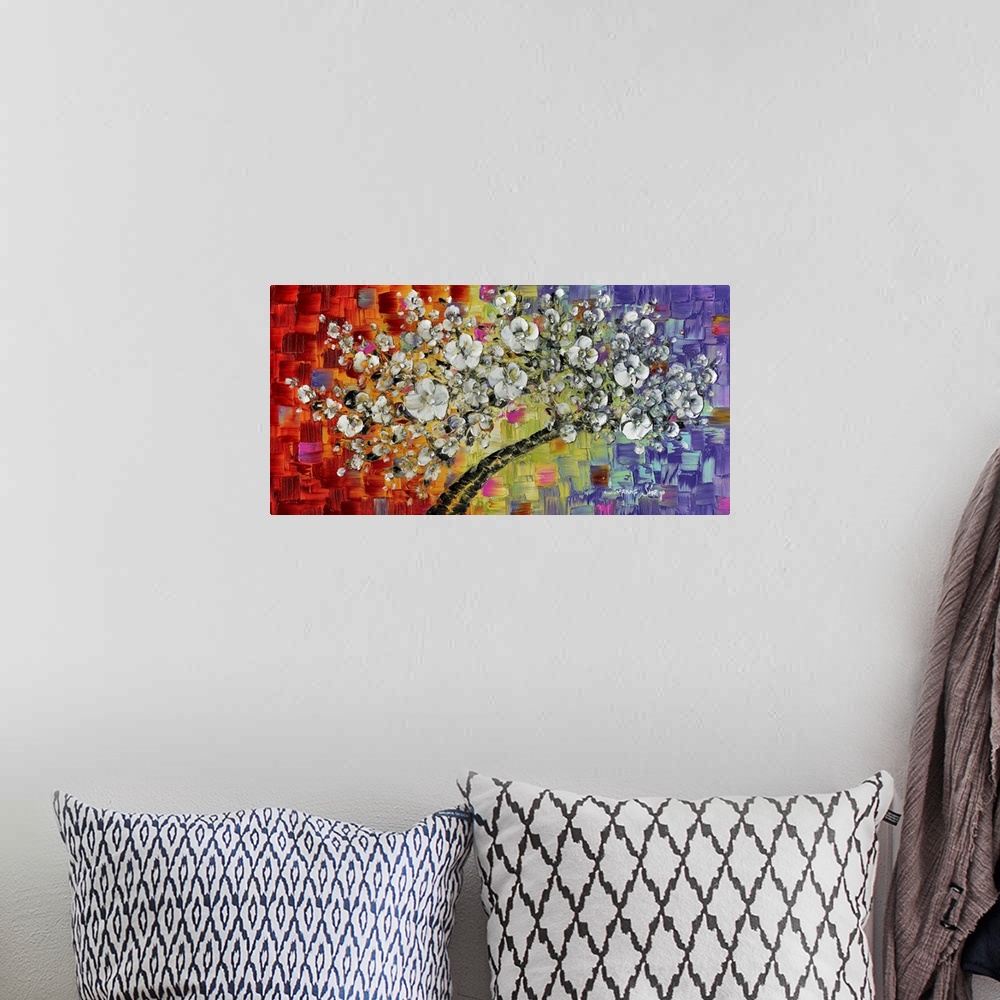 A bohemian room featuring Contemporary painting of a white blossom cherry tree on a colorful background created with red, o...