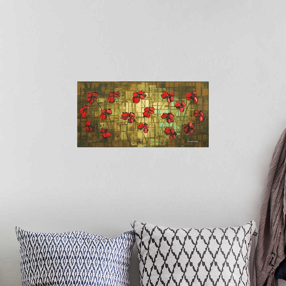 A bohemian room featuring Contemporary painting of red poppies with black shadows on a brown, gold, and blue textured backg...