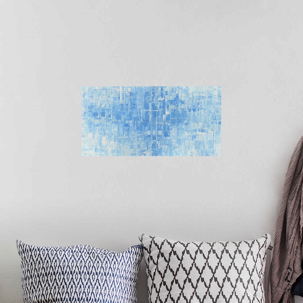 A bohemian room featuring Large abstract painting with square and rectangular shapes in light blue and white hues.
