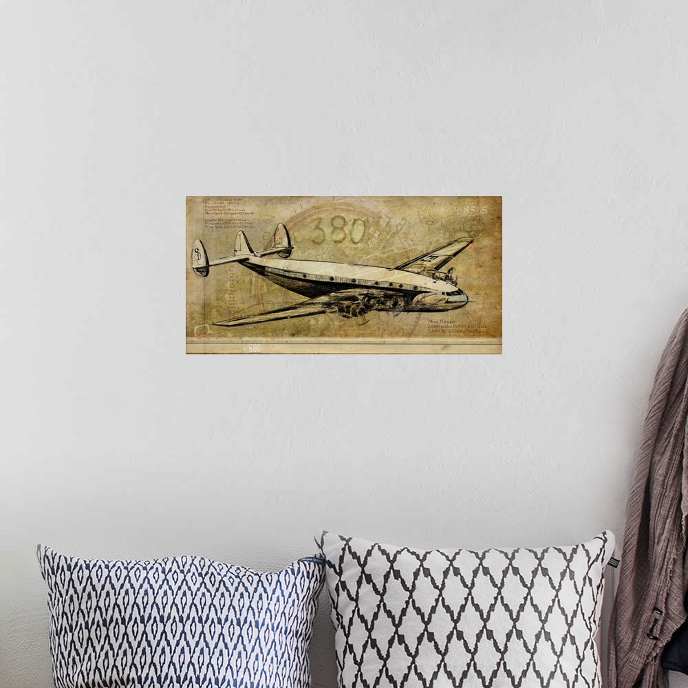 A bohemian room featuring Contemporary artwork of a vintage airplane on a weathered background.