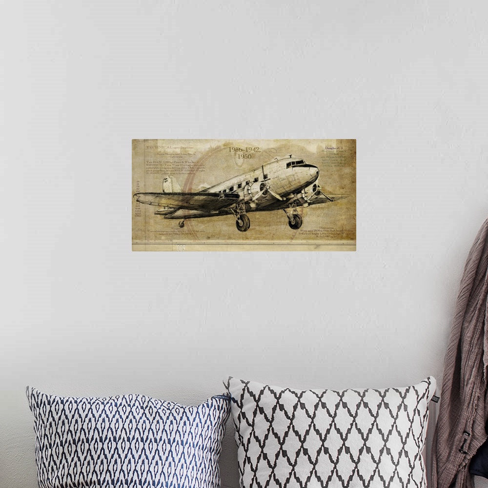 A bohemian room featuring Contemporary artwork of a vintage airplane on a weathered background.