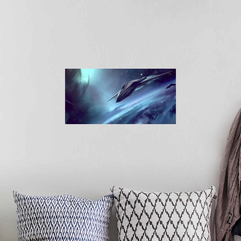 A bohemian room featuring Painting of suborbital scout planes and alien ship.
