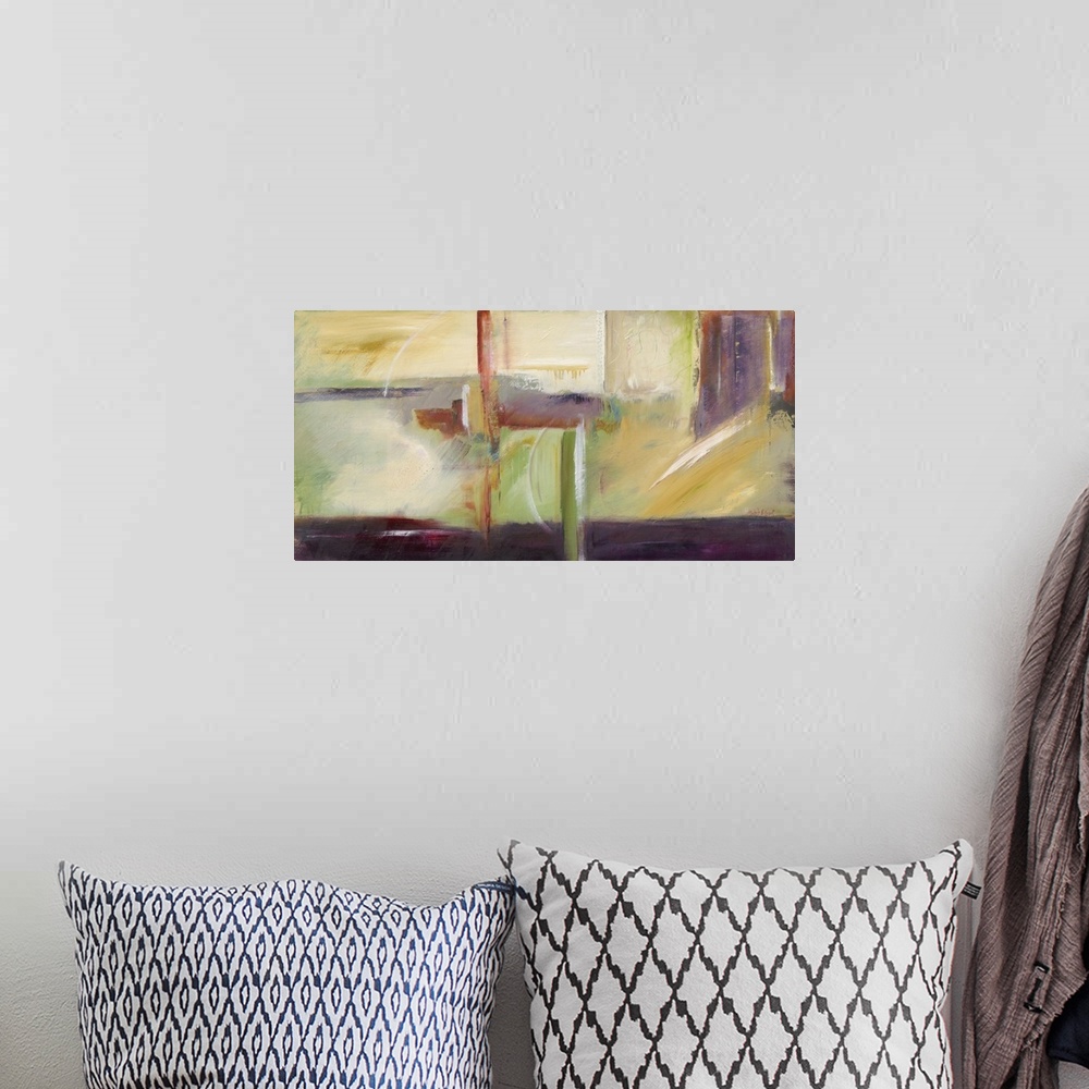 A bohemian room featuring Abstract painting with deep purple, red, green, yellow, gold, and white hues.