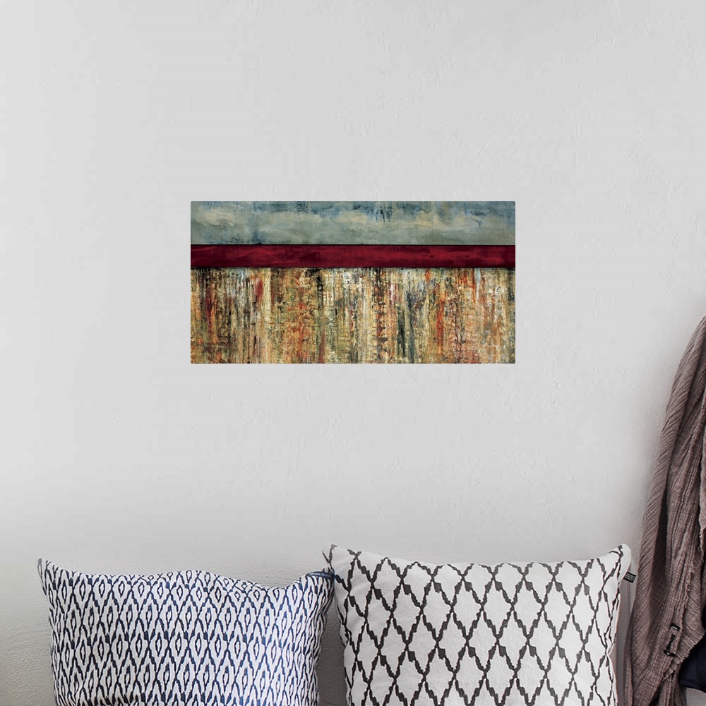 A bohemian room featuring Abstract painting using earth colors in a textured color field, with a dark red horizontal stripe...