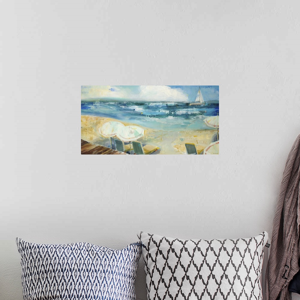 A bohemian room featuring Contemporary painting of a beach scene with a view of the sea.