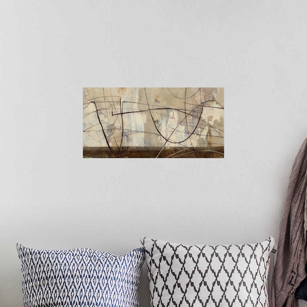 A bohemian room featuring Contemporary abstract painting in shades of brown with bold lines.