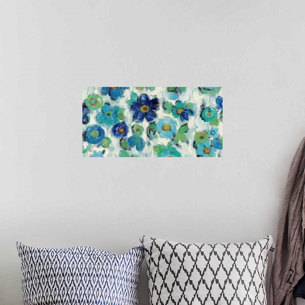 A bohemian room featuring Weathered artwork of blue and green garden flowers against a neutral distressed background.