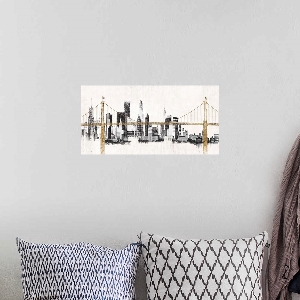 A bohemian room featuring Contemporary painting in black and gold of the Manhattan Bridge in front of the New York City sky...