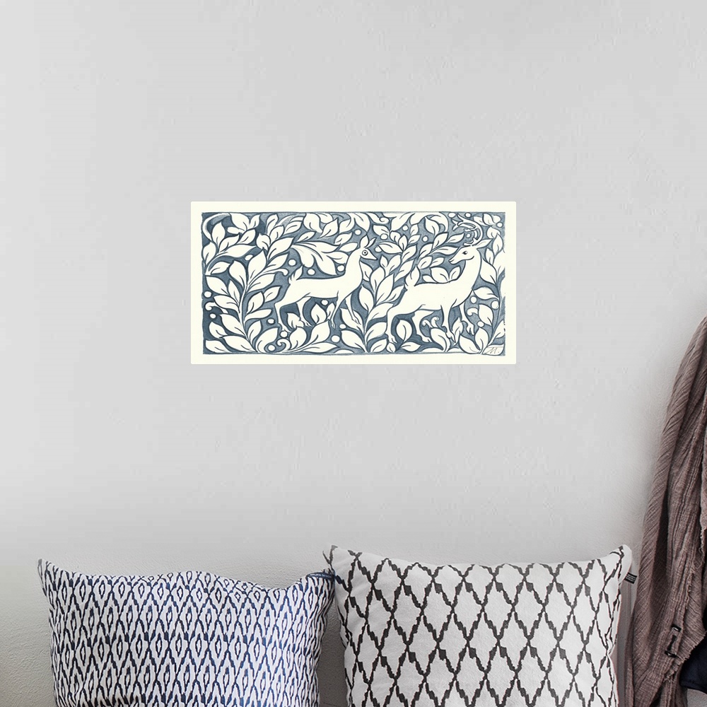 A bohemian room featuring Floral indigo and white watercolor painting with  two deer in the middle.