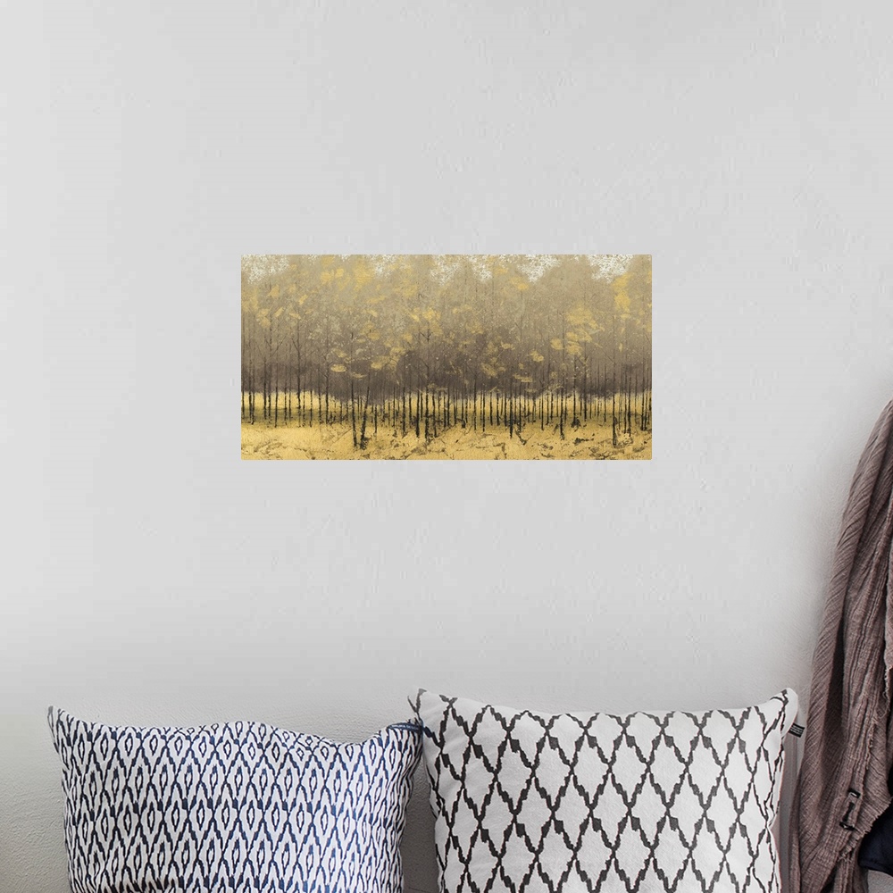 A bohemian room featuring Contemporary artwork of a forest of thin trees with golden leaves.