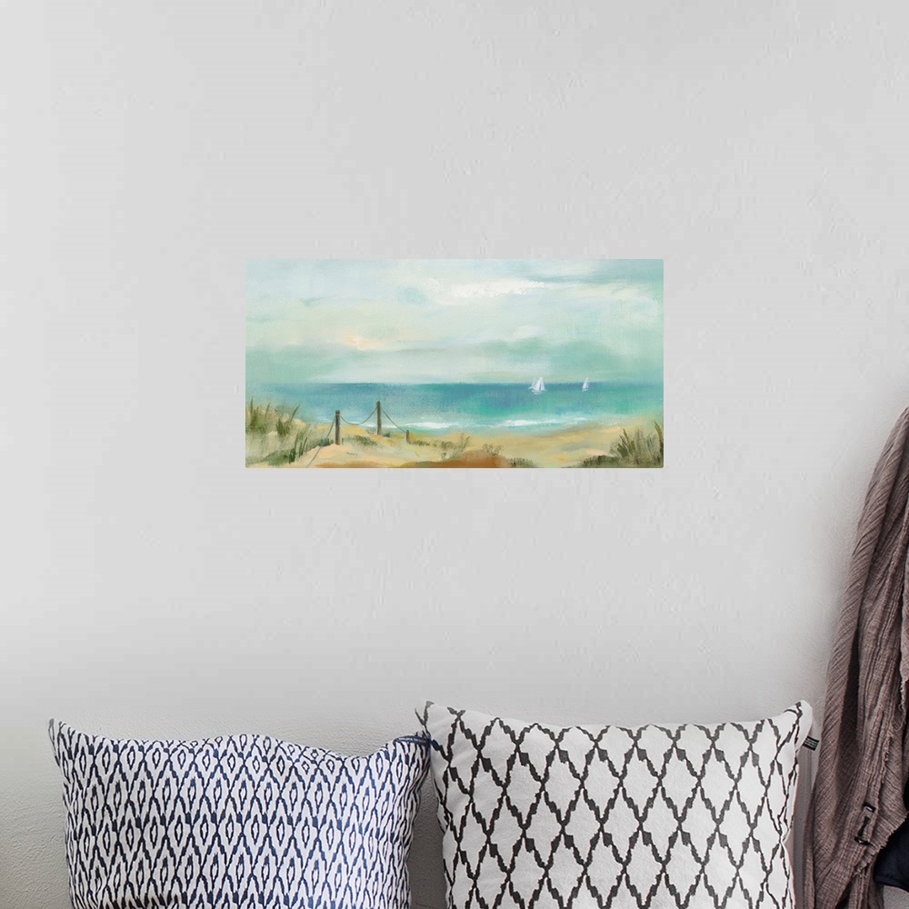 A bohemian room featuring A traditional contemporary painting of a seascape scene of dunes with white sailboat in the backg...