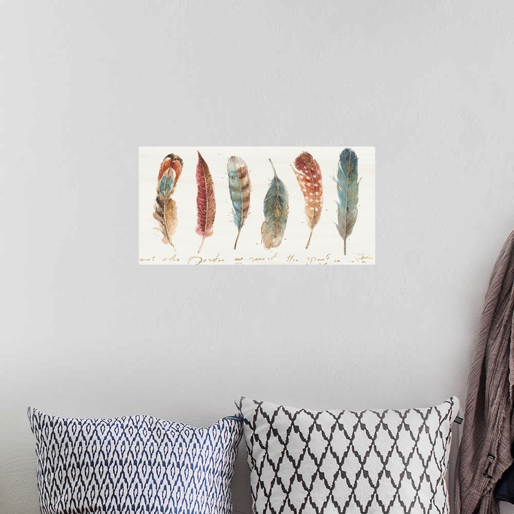 A bohemian room featuring Contemporary painting of a bird feathers laying on a white background in warm tones of brown, red...