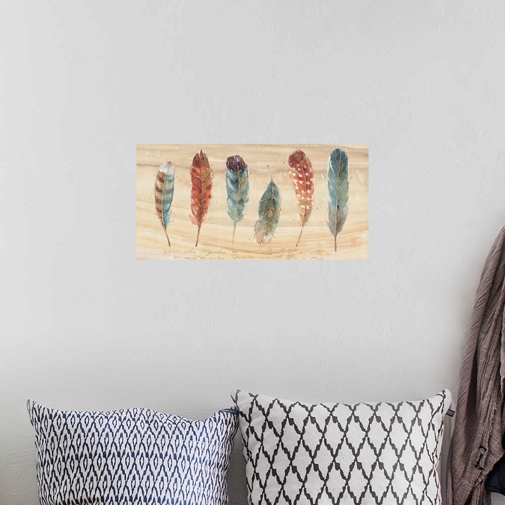 A bohemian room featuring Contemporary painting of a bird feathers laying on a wood plank in warm tones of brown, red and b...