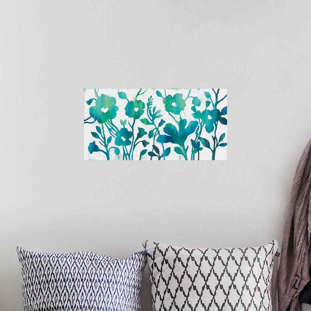 A bohemian room featuring Contemporary watercolor silhouetted garden flowers.