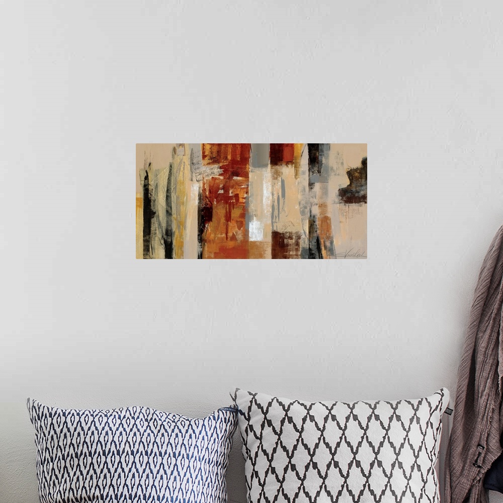 A bohemian room featuring Panoramic abstract artwork with strong vertical movement implying skyscrapers.